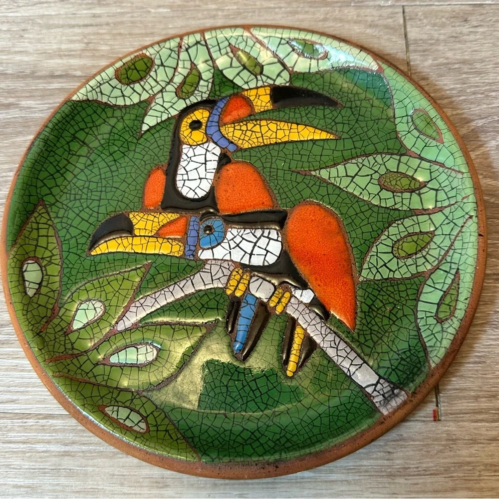 Toucan Birds Brazilian Terra Cotta Crackle Glaze 9.5